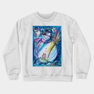 Snowman With Owl , Snowy Winter Fun Crewneck Sweatshirt